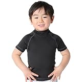 [HEAZEL] ヘーゼル 全21色柄 キッズ ラッシュガード 半袖 Tシャツ 水着 ハイネック トップス 80～150サイズ 子供 UVカット UPF50 + ブラック, 140