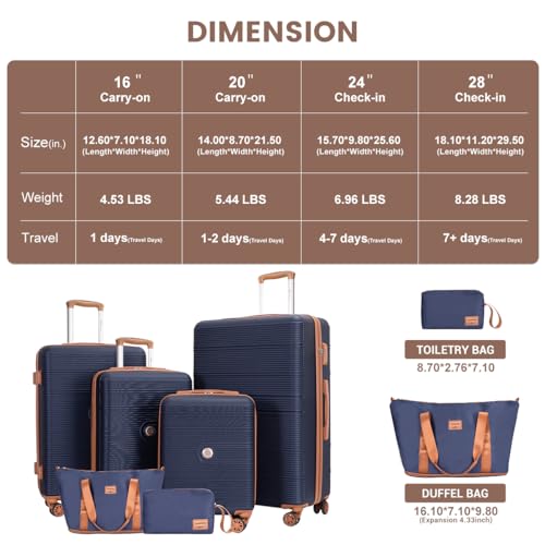 Image of 4-Piece Luggage Sets 16 inch20 inch24 inch28 inch,Suitcases with Double Spinner Wheels and TSA Lock,Hardcase 6 set Luggage with Underseat Duffel Bag