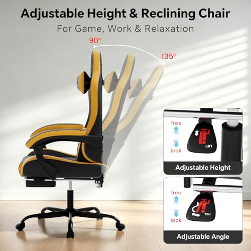 Image of Gaming Chair, Computer Office Chair with Footrest, Adjustable Height & Backrest Gaming Chairs with Swivel for Adults, High Back PU Leather Ergonomic Chair with Lumbar Support, Blackyellow