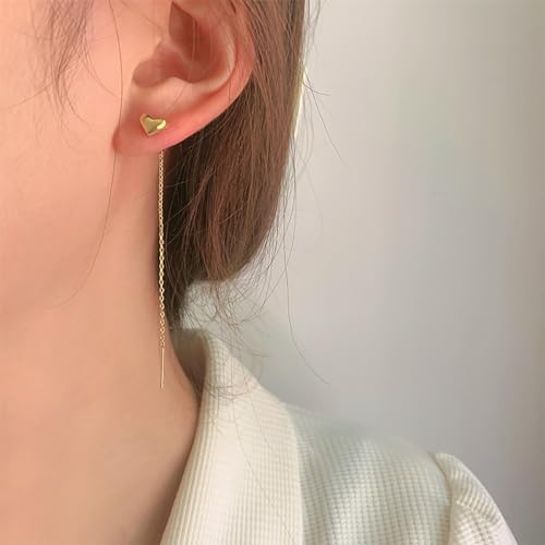 Vintage Gold Heart Threader Earrings for Women,Silver Chain Duster Earrings Long Tassel Chain Love Dangle Earrings,Simple Everyday Jewelry Gift4