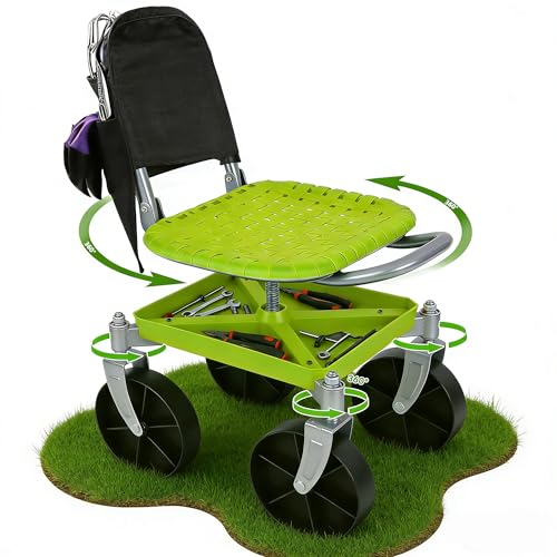 Outdoor Garden Stool with 360° Swivel Caster Wheels, Rolling Garden Cart with 360° Swivel Seat, Height Adjustment, Back Tool Pouch & Under-Seat Tray, Gardening Gifts for Women, Parents, Seniors