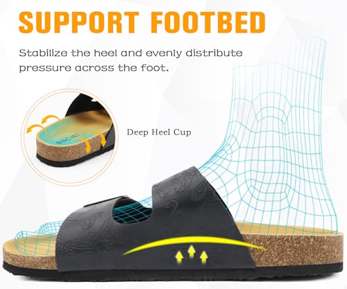 Image of ONCAI Womens Flat Slide Sandals with Arch Support 2 Strap Adjustable Buckle Slip on Slides Shoes Non Slip Rubber Sole