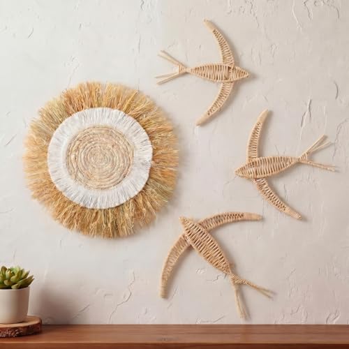 Chumia 4 Pcs Boho Wall Basket Decor Bohemia Woven Wicker Bird and Raffia Sun Jute Decor Boho Handmade Hanging Wall Art Rustic Jute Home Wicker for Indoor Bedroom Living Room Wedding Housewarming Gift