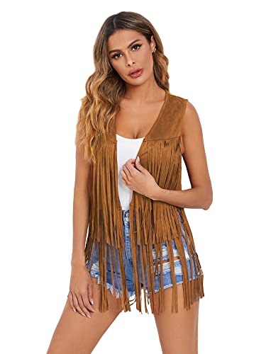 Verdusa Women's Tassel Sleeveless Vest 70s Hippie Faux Suede Fringe Jacket Cardigan4