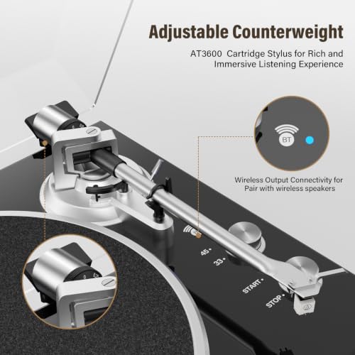 Image of Belt Drive Turntable for Vinyl Record Player and Bluetooth Output Control | No Built-in Speakers,Magnetic Cartridge,Built-in Phono Preamp,USB Digital Output,33 /45 RPM,High-Gloss Wood Design