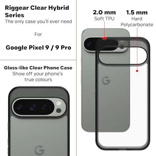 Image of RIGGEAR Shockproof Clear Hybrid Armor Back Cover Case Compatible with Google Pixel 9 / Pixel 9 Pro (Transparent PC + Clear Black TPU Bumper)