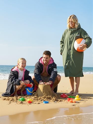 Owntop Wasserdichter Wickelmantel für Damen Herren – Quick-Dry Strand Schwimm Mantel, Winddichter Übergroßer Langarm Mantel mit Kapuze, Grün+Grau, L(175-180CM/70-80KG)