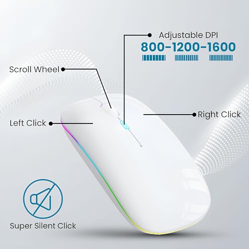 Image of Electro Wolf Wireless Gaming Mouse Lucid 2.4G Wireless + Bluetooth 5.1 Mouse, Slim Rechargeable 500mAh Silent Click RGB LED Wireless Gaming Mouse, DPI Upto 1600 - White