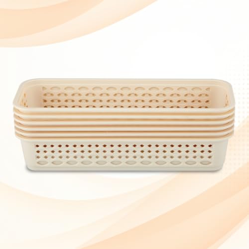 Image of RATAN PLASTICWARE Diana Tray Rectangular-Narrow (Pack of 6) Plastic| 31.9 Cm X 12.2 CmX 6.1 Cm | Storage for Desk Basket /Organizers for Stationery, Jewellery, Tools,Kitchen, Office- Beige