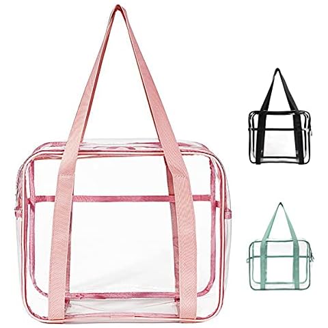 SxoSyo Clear Makeup Bags Large Travel Toiletry Bag for Women Transparent Bag with Handle Clear Cosmetic Bags Bathroom Organizer Bag PVC Zipper Closure Handbag Beach Bag (pink) Cover