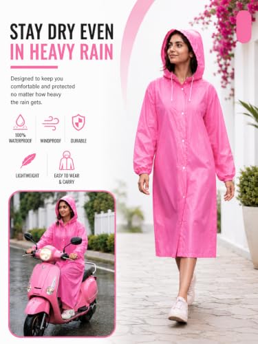 Image of Hooded Waterproof Men's & Women's Raincoat, Lightweight Long Rain Jacket, Button Front, Windproof Outdoor Rainwear | Free Size |
