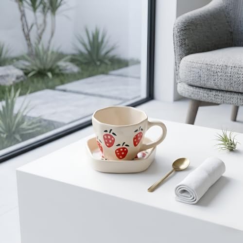 Image of Handcrafted Strawberry Ceramic Mug and Saucer Set, Coffee Mugs & Cups, Coffee Cup and Saucer Set, Ceramic Mugs,250ML