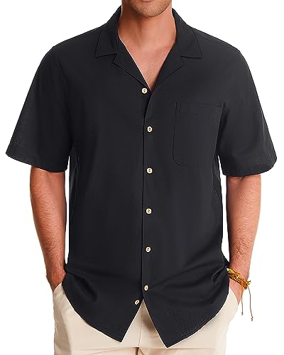 Image of Alimens & Gentle Mens Linen Shirts Cotton Hawaiian Shirts Short Sleeve Button Down Shirts Casual Summer Beach Tops