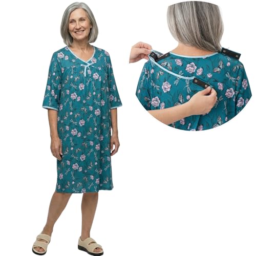 Silverts Women’s Adaptive Clothing Open Back Hospital Gown, Assisted Dressing Nightgown for Elderly, Nursing Home Wear - Dragonfly Floral LGE