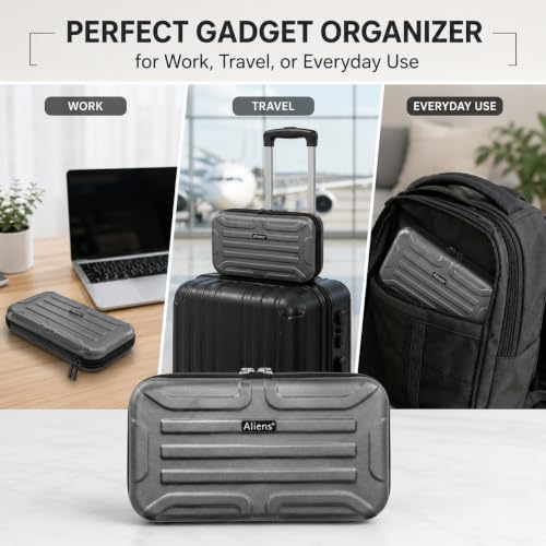 Image of Aliens Large Travel Gadget Organiser Case Bag, Hardshell ABS Material, Shockproof, Water-Resistant Travel Storage Pouch for HDD /SSD, Gadget Organiser, Cable,Charger,Smartphone,airpods,Power Bank-Grey
