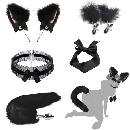 AMZII Analplug Paaren Cosplay 5er Set,Fuchsschwanz Buttplug & Nippelklemmen Brustwarzen & SM Augenmaske & Halsband Frauen Sex & Katze...