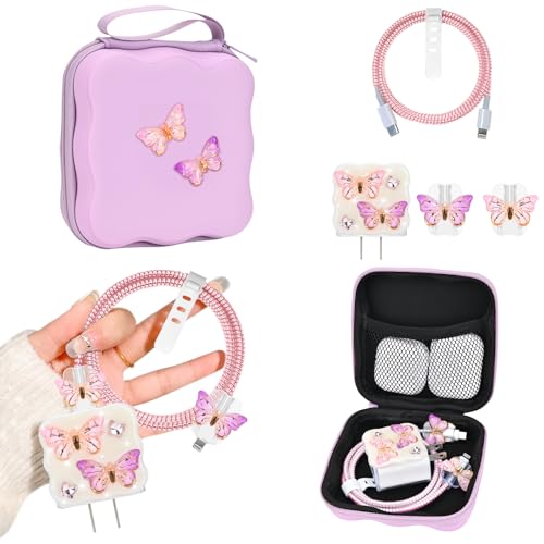 CameCosy Phone Charger Storage Case Cover Sets with Cable Protector for iPhone Charger, Wave Travel Storage Bag, Data Cord Saver Cute DIY Charging Protector Cable Organizer (Purple Butterfly)