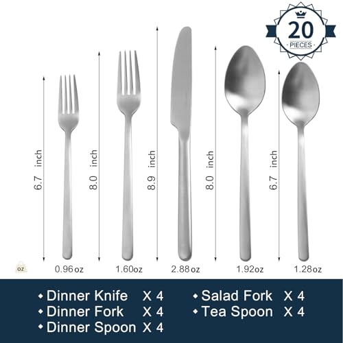 Image of KINGSTONE Silverware Set, 20 Piece Flatware Cutlery Set for 4, 18 /10 Stainless Steel Silverware Mirror Polished Dishwasher Safe for Home, Restaurant, Wedding, Party, Matte Silver