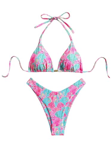 Women's 2 Piece Bikini Set Shell Triangle Thong Bikini Boho Seashell High Waisted Bathing Suit String Halter Swimsuit