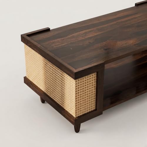 Image of Wooden Center Table for Living Room | Modern Rectangular Center Coffee Table with Open Storage Shelf & Rattan Cane Side Panels | Stylish Wooden Centre Table for Home, Lounge & Drawing Room