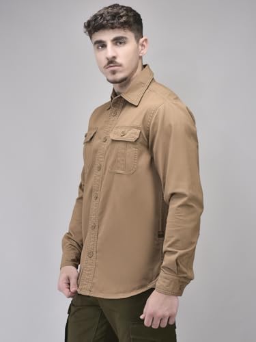 Image of Woodland Men's Camel Solid Casual Shirt | 100% Cotton Regular Fit Button-Down Shirt with Cutaway Collar & Flap Pockets | Office Wear & Weekend Casual