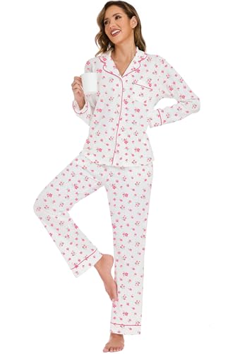 Image of LUBOT 100% Cotton Pajamas for Women Pajama Set 2 Piece PJ Sleepwear Set Soft Ladies Button Knit Long Sleeve Loungewear XS-XXL