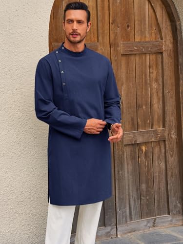 Runcati Mens Kaftan Thobe Robe Long Sleeve Cotton Henley Shirt Casual Muslim Gown Salwar Kurta2