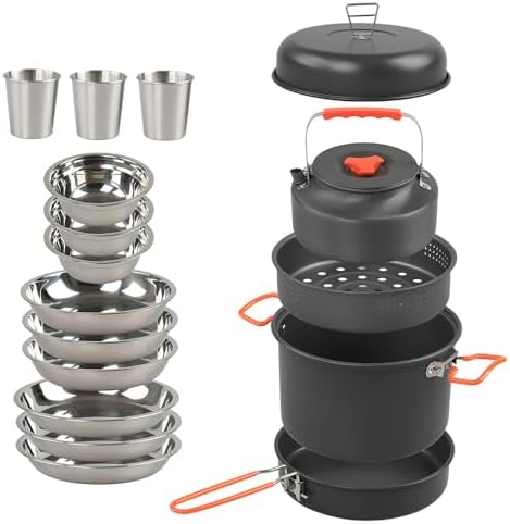 Lixada Cookware Mess Kit for Camping Aluminum Alloy Pot Pan Steaming Tray Bowl Cup and Water Kettle with Pot Cover for 3 Person