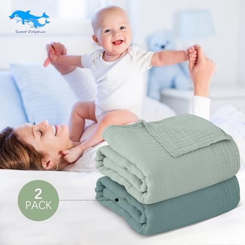 Image of SWEET DOLPHIN Muslin Baby Bath Towels Blanket - 2 Pack 100% Cotton Towel for Babies, Infants, Toddlers - 40x40Inch - Highly Absorbent, Light Emerald