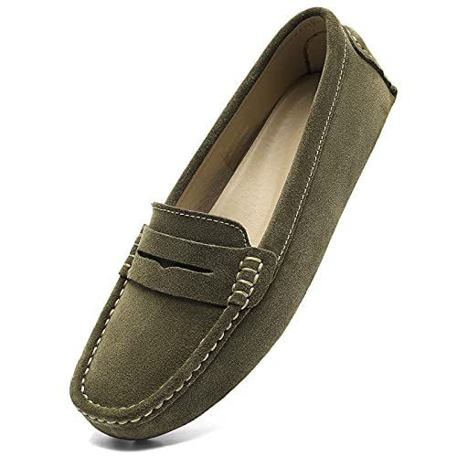 Osslue Women's Suede Leather Casual Penny Loafers Retro Ladies Moccasins Driving Mocs Comfort Slip-On Fashion Boat Shoes Classic Flats