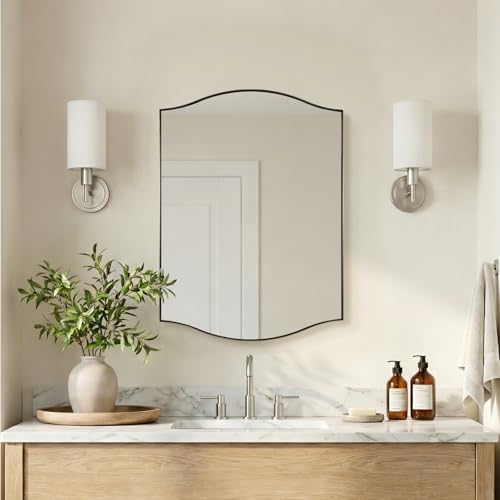 Image of ANDY STAR Brushed Nickel Bathroom Mirror, 22 inchx30 inch Scalloped Wall Mirror in Stainless Steel Metal Frame, Unique Vanity Mirror with Modern Curved Edge Design, Ideal for Bathroom, Bedroom, Entryway