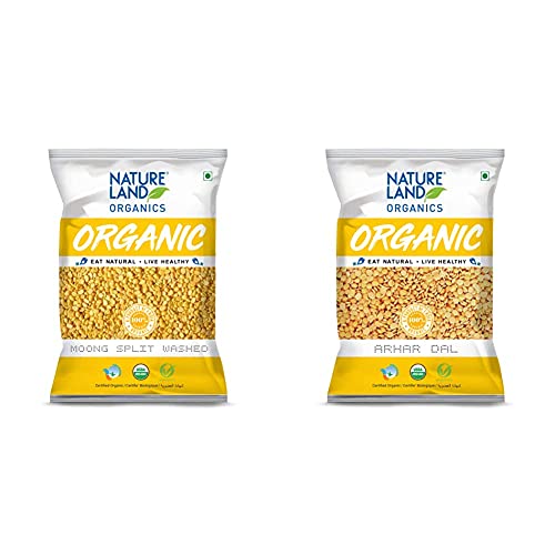 Image of Natureland Organics Moong Dal Yellow /Split Washed 500 Gm - Organic Healthy Pulses + Natureland Organics Arhar /Toor Dal Pouch, 1 kg