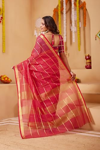 Image of StyleScope Women's Kota Doria Cotton Zari Checks Manipuri Saree With Unstitched Blouse Piece (Malanng)