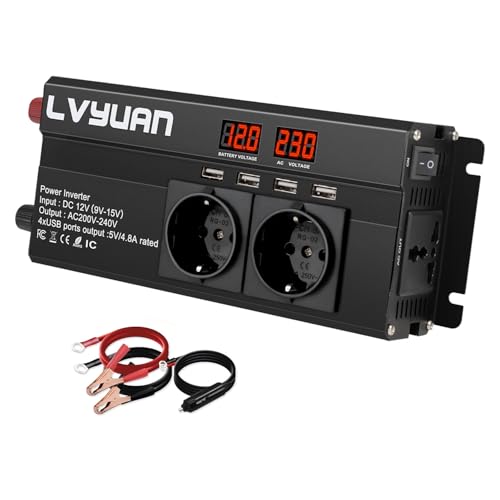 LVYUAN Wechselrichter 12V 230V 2000W Spannungswandler mit 3 Steckdose und 4 USB LED Spannungsanzeige
