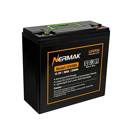 NERMAK 12V 20Ah Lithium LiFePO4 Deep Cycle Battery, 2000+ Cycles Lithium Iron Phosphate Rechargeable Battery for Solar Power, Lighting, Outdoor camping, Power Wheels, Fish Finder, Built-in 20A BMS