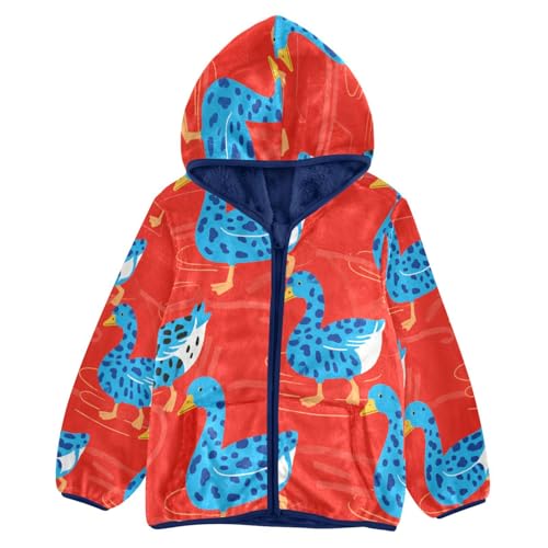 Blue Ducks on Red Background Toddler Fleece Jacket Girl Boys Hooded Fleece Jacket Coat Warm Outwear Zip-up 3-10T