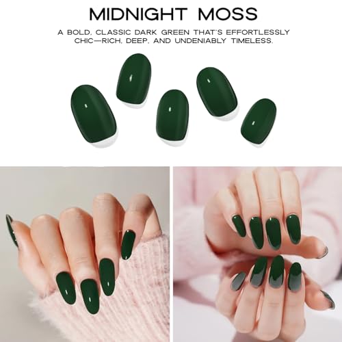 Adora Couture Semi Cured Gel Nail Strips with 20 Pieces, Salon Quality Wraps for Women, Dark Green Glossy UV Gel Stickers, UV Light Required, Midnight Moss