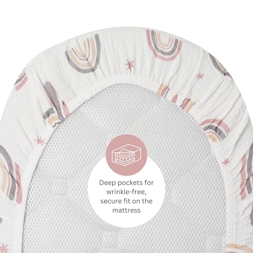 Image of TansyPanda Muslin Bassinet Sheets for Papablic, RONBEI, HARPPA Cuddly, Larex, Whiffee, Mika Micky Baby Bedside Sleeper, 3PC, 19x32in, Ultra Soft, Breathable, Snug Fit, Unisex Boys Girls, Pink