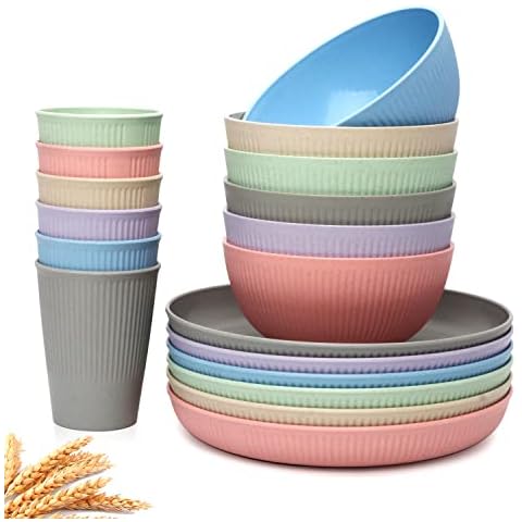 Wheat Straw Dinnerware Set, 18 Pcs Unbreakable Reusable Plates, Cups and Bowls Set for 6, Lightweight Dinner Plates and Bowls, Top-rack Dishwasher Safe Cover