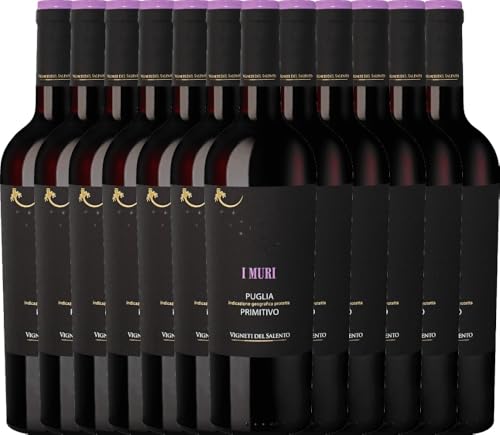 VINELLO 6er Weinpaket Primitivo - 12 e Mezzo Primitivo 2019 - Varvaglione mit einem VINELLO.weinausgießer | trockener Rotwein | italienischer Wein aus Apulien | 6 x 0,75 Liter