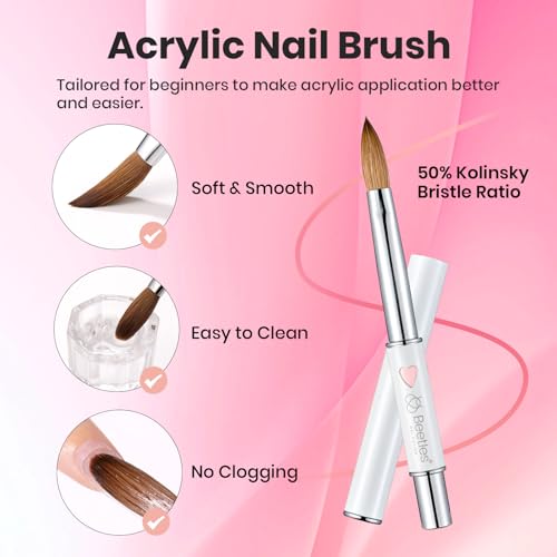 Image of Beetles Acrylic Nail Brush Kolinsky Hair Bristles Round Shaped Metal Handle Nail Art Brushes for Manicure Extension Acrylic Powder DIY at Home Manicure Tool - Size 10