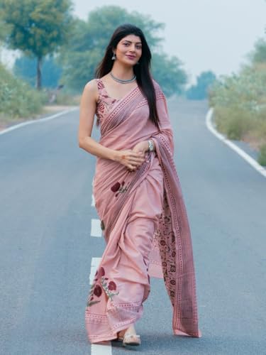 Image of Elegant Dusty Pink Linen Cotton Saree with Floral Print Border | Cotton Printed Saree with Unstitched Blouse Piece Saree for Women