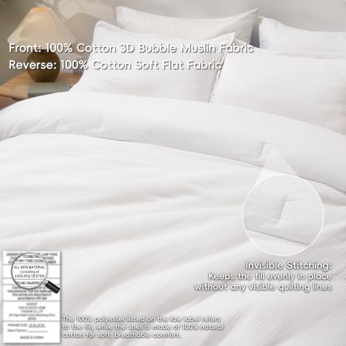 Image of David's Home Cotton Muslin Comforter Set Queen Size, 100% Cotton Cover Ultra-Soft Breathable Lightweight Skin-Friendly for Spring Summer, 3PCS Linen Like Gauze Bedding with Polyester Filling, White
