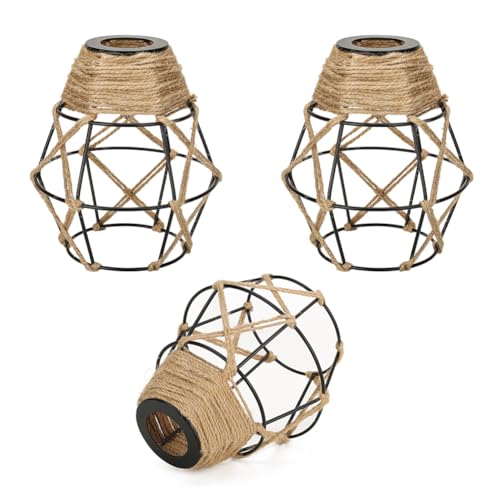 Image of 3 Pack Industrial Hemp Rope Pendant Lamp Shade, Small Vintage Boho Hanging Light Shades, Mini Rustic Metal Cage Lampshade for E27 Chandelier Wall Sconces Ceiling Hanging Pendant Light Fixture