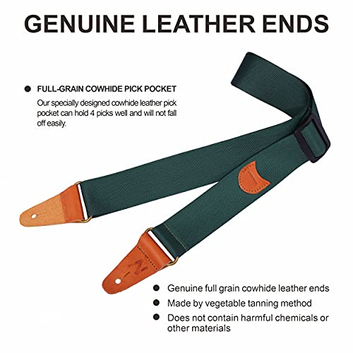 Guitar Strap, Vintage Nylon Full Grain Leather Ends Guitar Straps with Pick Pocket for Bass, Electric & Acoustic Guitar, Come with Free Strap Button, 1 Pair Strap Locks and 4 Guitar Picks (Green) - Image 2