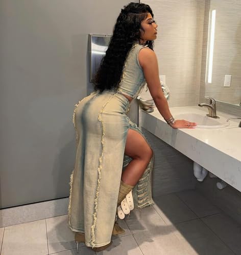 Molilove Women's Summer Denim 2 Piece Outfits Sleeveless Back Zipper Crop Top and Split Long Skirt Set Jean Tracksuit Street3