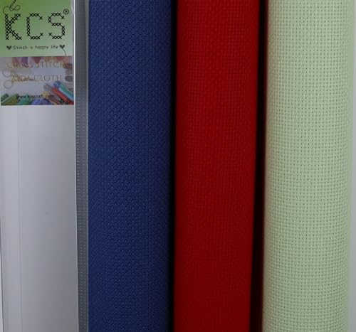 Image of KCS 3 pc of 15 inch x 18 inch(38cmx45cm) Counted Cross Stitch Cotton Aida Cloth Needlework Rolled Fabric Box,14CT,Red+Light Green+Jeans Blue