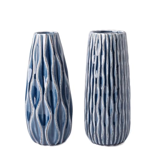 VICTOR & TERESA Ceramic Vase for Flowers,Set of 2 Decorative Vintage Blue Vases for Home Decor, Modern Farmhouse Vases for Pampas Grass, Table, Mantel Accent, Living Room,Shelf, Centerpieces, 9.4inch