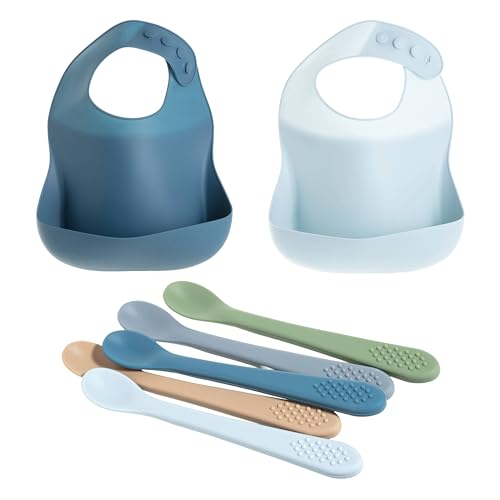 Silicone Baby Feeding Set, Silicone Soft Durable, Easy-to-Clean Feeding Bib & Spoons for Babies and Toddlers, Blue