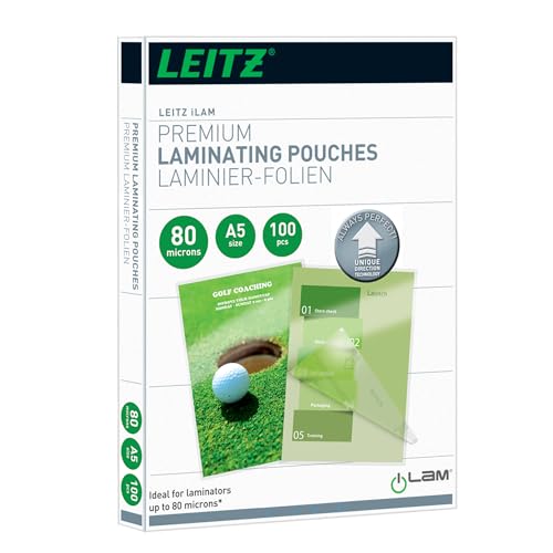 Leitz Heißlaminierfolien A5 80 mic Laminierfolien in Premium-Qualität im 100er Pack Glänzend Transparent Vereinfachtes Einlegen durch UDT iLAM 74920000